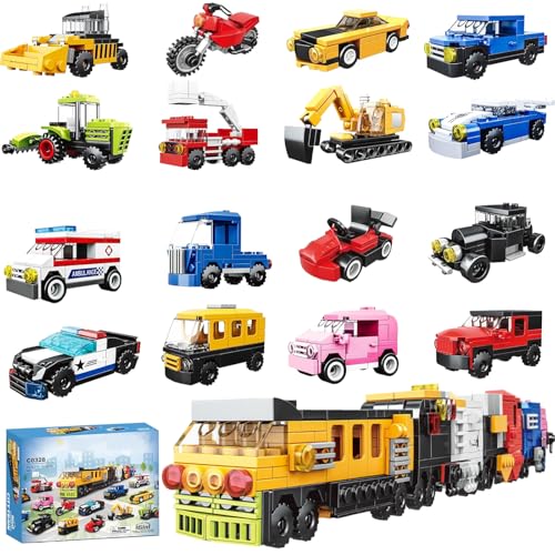 Mirthben 16 in 1 Bausteine Autos, Baue 16 kleine Autos oder 1 riesiges Fahrzeugmodell, Classic Bausteine, STEM-Bildungsspielzeug für Kinder ab 5 Jahren, Geschenk für Jungen und Mädchen