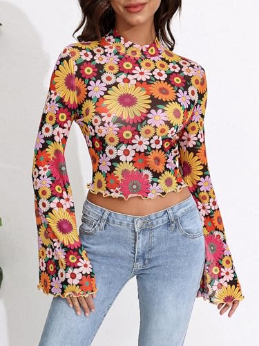 Women's Y2K Floral 70s Top Hippie Shirt Sheer Mesh Tee Shirt Disco Long Bell Sleeve T Shirts Crew Neck Boho Crop Tops3