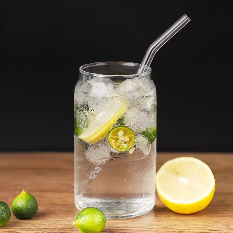 Photo 1 of 4 Cups Set Drinking Glasses with Glass Straw 16oz - Can Shaped Glass Cups, Iced Coffee Glasses, Cute Tumbler Cup, Ideal for Smoothies, Soda, Tea, Water, Gift - With 2 Cleaning Brushes, 36*12*18 cm