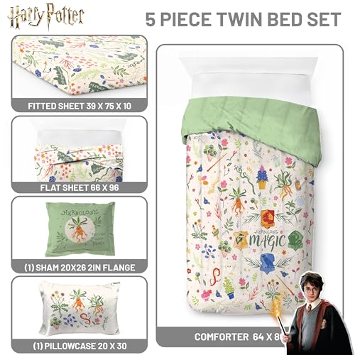 Image of Harry Potter Twin Comforter Set 5 Piece Soft Floral Bedding, Multi | Herbology, Bed in a Bag, Comforter Sheets Sham Pillowcase, Official Product, Soft Microfiber, Machine Washable, Easy Care