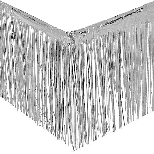 PUZINE 2 Pack Metallic Foil Fringe Table Skirt Tinsel Party Table Skirt Banner for Parade Floats Mardi Gras Party Decoration（L108 inH 29in） (Silver, 2pack)