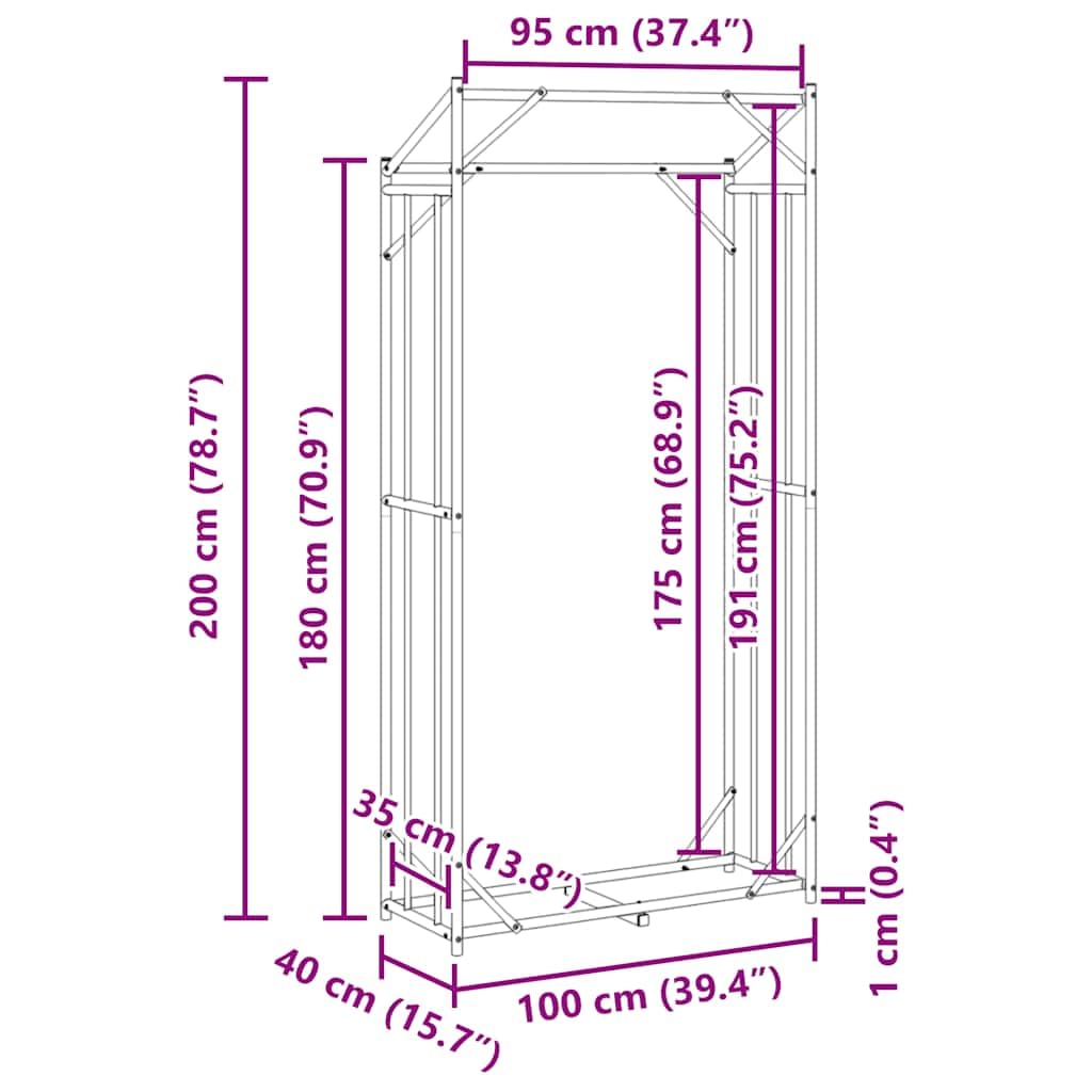Estantería para leña de acero galvanizado con protección contra la lluvia, 100 x 40 x 200 cm, resistente a la intemperie, para jardín, terraza y salón, ayuda para guardar madera seca
