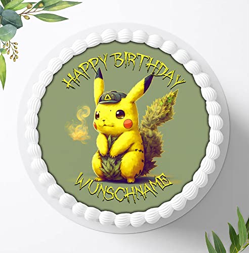 Für die Geburtstags Torte Zuckerbild kompatibel mit: Pokemon Cannabis Tortenbild mit oder ohne Wunschname Essbares Foto für Torten Fondant Tortenaufleger Ø 20cm 1077z