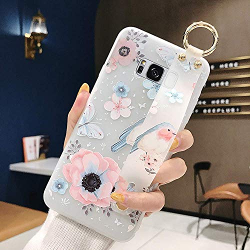 Robinsoni Case Compatible with Samsung Galaxy S8 Semi-Transparent Floral Flower Pattern Cover for Girls Women TPU Silicone Wrist-Band & Mental Ring Case Glitter Floral Cover Shockproof Bumper Case