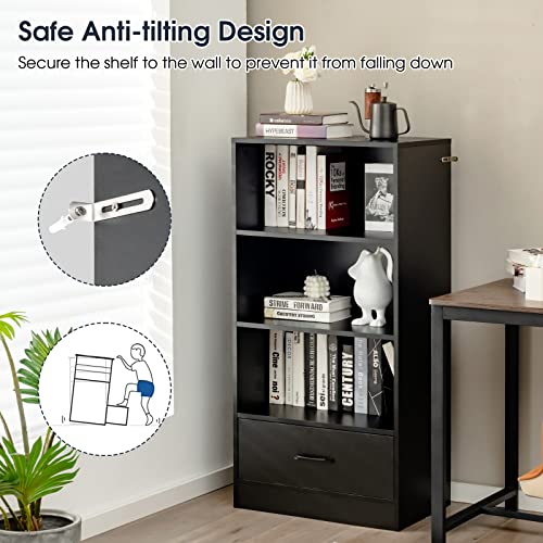 Giantex 4 Tier Bookcase With Drawer, 48" Tall Floor Standing Organizer Display Storage Shelves With Anti-Toppling Device, Wood Open Shelf Bookshelf For Kids Room, Living Room, Bedroom, Study, Black #TOP4