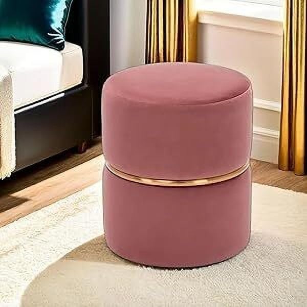 solid wood velvet pouf ottoman for living room | round stool with cushioned foam seat, footrest, multipurpose seating sofa-side stool for dressing table & home decor furniture - pink