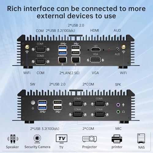 Image of Industrial Mini PC, Fanless Desktop Computer Core i7-8550U 1.8-4.0GHz, Win-11 Pro, 16G DDR4 RAM, 512G SSD, VGA /HDMI 4K@60Hz, 2x2.5G LAN Ports, 6xCOM RS232, 4G Module Slot, WiFi6 /BT5.2