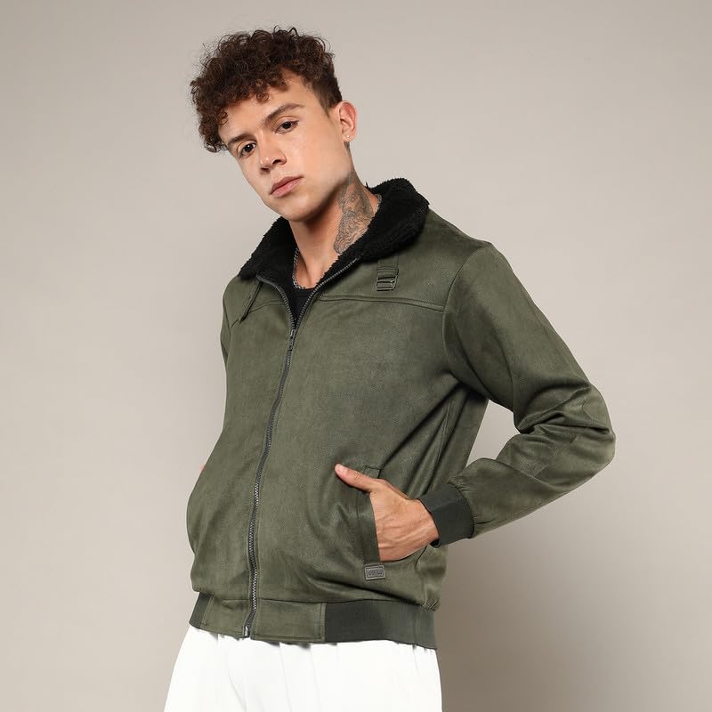 Image of CAHOOT Men's Army Green Fur-Lined Suede Bomber Jacket For Casual Wear | High Neck | Long Sleeve | Zipper Closure | Jacket Crafted With Comfort Wear For Everyday Wear