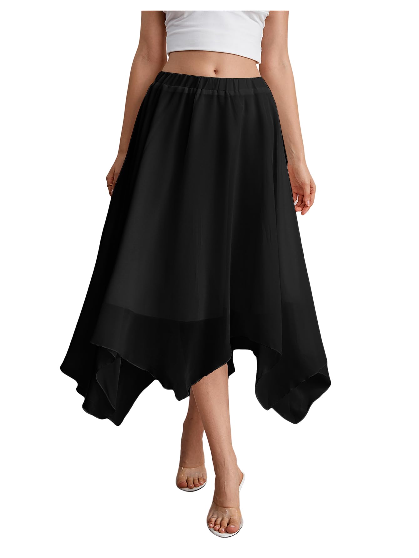 Verdusa Womens Asymmetrical Hem Elastic Waist Chiffon Flowy Long Skirt