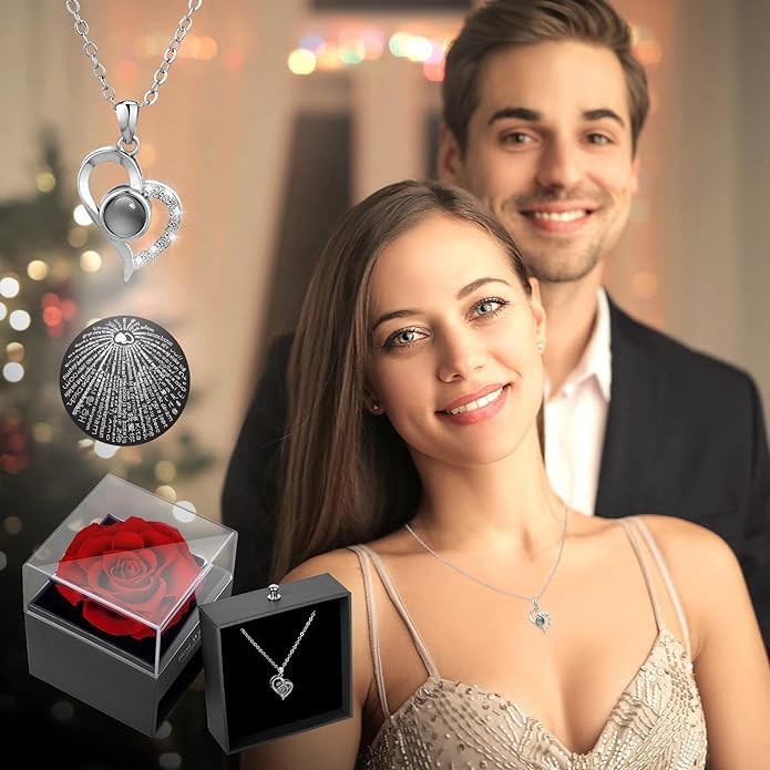 Image of FINALIZE Rose Flower with Heart Necklace, Gift for Wife, Girlfriend, Fiancee On Valentines Day Birthday Wedding Anniversary, Necklace with Rose Flower Box Bag Gift Card (Silver Heart - Red Rose)