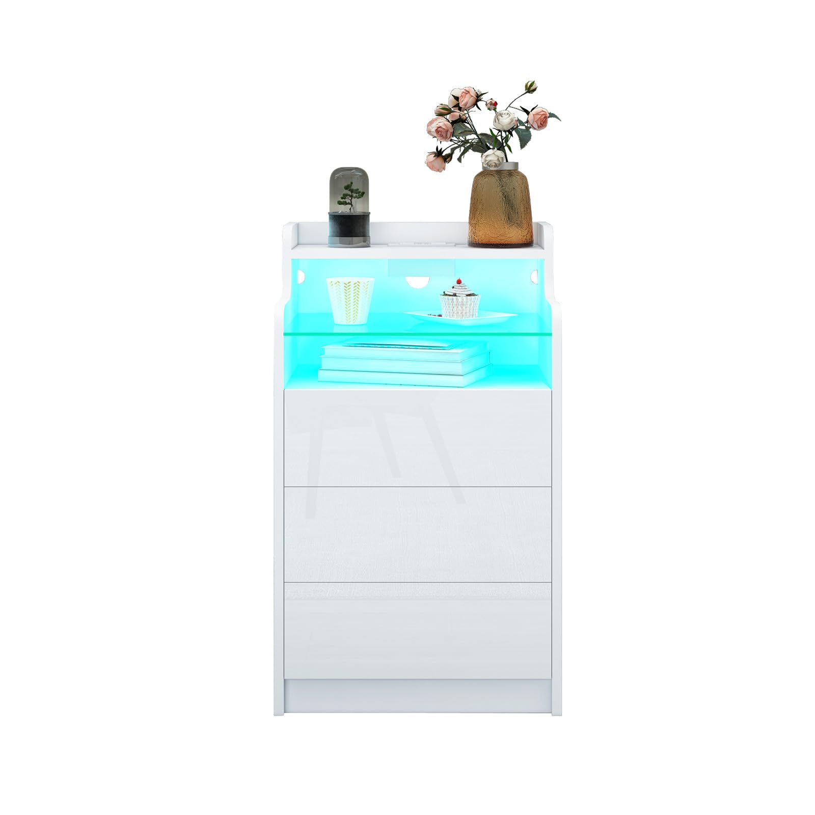 Nachttisch mit Steckdose und Ladestation,Hochglanz Weiß Nachtschrank Beistelltisch mit Led Licht,3 Schubladen,2 Fach,2 AC-Steckdosen,2 USB-Anschlüsse Sofatisch für Wohnzimmer,Schlaf,45x35x76cm