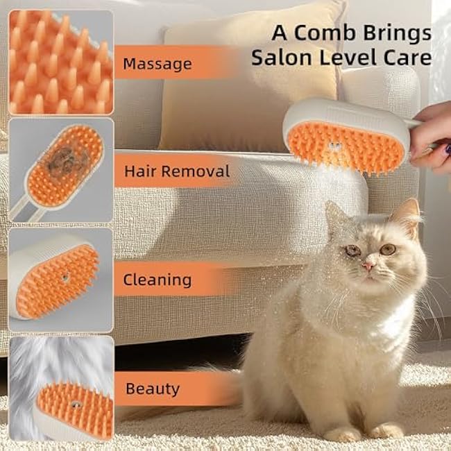 Cat Dog Hair Steam Brush: 4 in 1 Pet Grooming Tool Rechargeable Groomer Silicone Comb for Massage, Cleaning, Shedding and Combing, Anti-Static, 360¡ã Portable Handle for Long or Short Hair Pet (Orange)-rREBdQzP