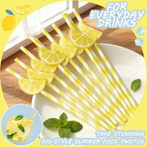 60 pitillos de papel limón desechables rayados amarillo miniatura 4