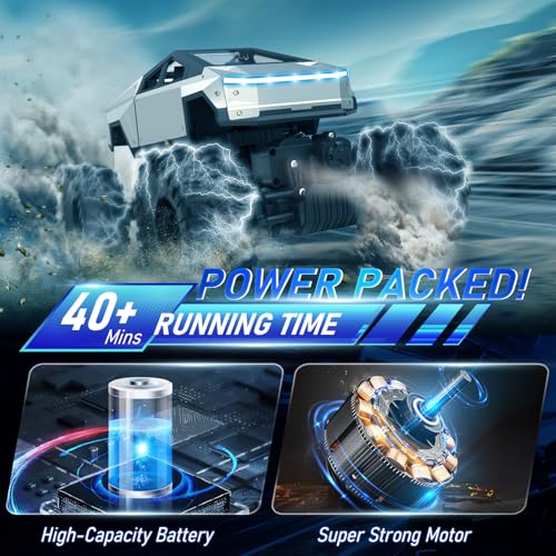 NQD RC Truck, 1:14 Scale Big Cybertruck Model Remote Control Truck, 4WD Off Road Toy Rock Crawler RC Car with Alloy Shell Dual Motors LED Headlight, 2.4GHz All Terrain Toy Car for Boy Kids Adults - Thumbnail 4