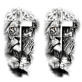 Generic 2 Sheets Large Half Arm Sleeve Temporary Tattoos For Men Women Waterproof Fake Forest Lion Jesus Cross Old School Halloween Fake Tattoo Stickers Adults Black Realistic Animals Tattoo