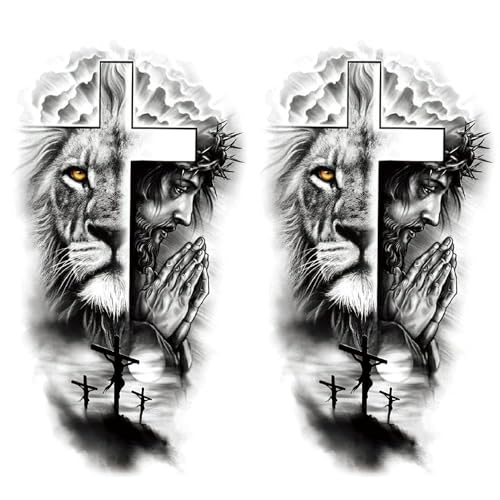 Generic 2 Sheets Large Half Arm Sleeve Temporary Tattoos For Men Women Waterproof Fake Forest Lion Jesus Cross Old School Halloween Fake Tattoo Stickers Adults Black Realistic Animals Tattoo