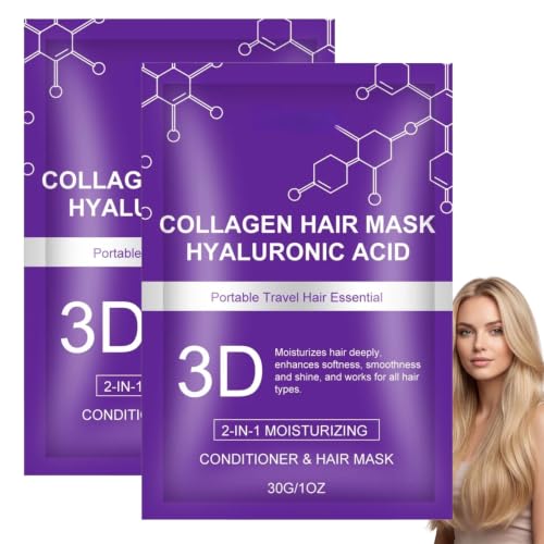 Mascarilla para el cabello portátil con acondicionador, ácido hialurónico y colágeno 2 en 1, hidrata con aceite de coco y argán, fortalece y da volumen para un cabello de aspecto completo (2 unidades)
