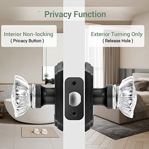Crystal Door Knobs, Black Glass Door Knobs Interior Rose Shape with Lock Privacy Function, Vintage Antique for Bedroom Bathroom