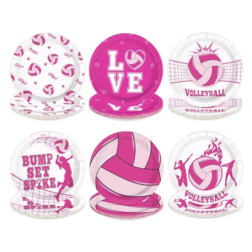 Greencian 60Pcs Volleyball Party Decorations 7 Heavy Duty Pink Volleyball Sports Dessert Cake Paper Plates Volleyball Birthday Platters for Girls Sports Themed Birthday Holiday Party Supplies