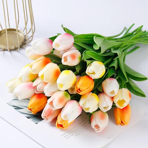 Image of Sggvecsy 30 Pcs Fake Tulips Artificial Flowers Real Touch PU Faux Flowers Tulip Stems for Wedding Floral Arrangement Spring Bouquet Home Party Office Decorations for Mother's Day (Multi Colors)