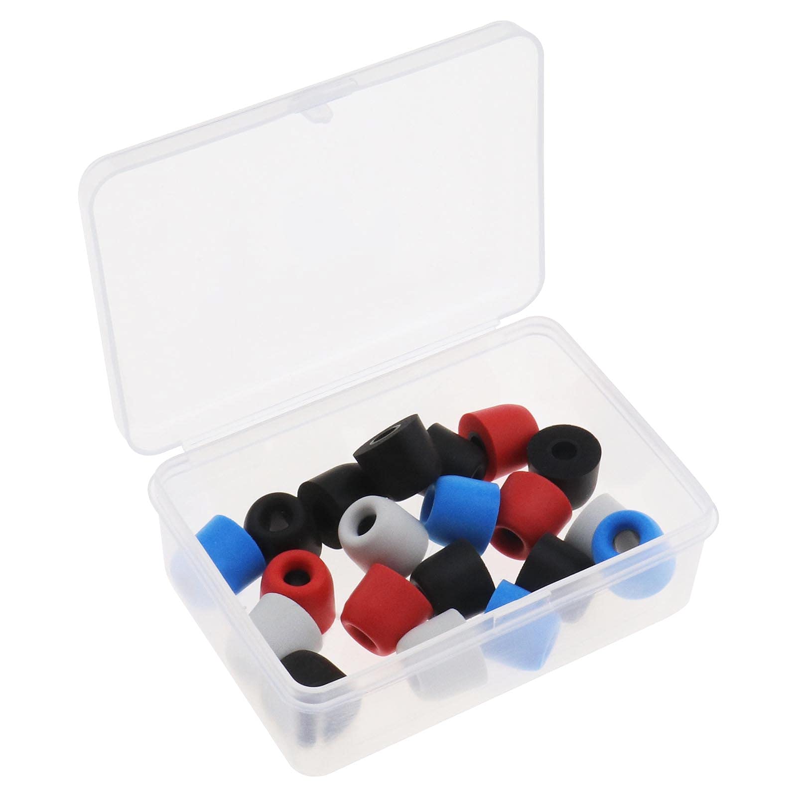 10 pares de almohadillas de espuma viscoelástica para la mayoría de auriculares de 4,5 a 5,5 mm con caja de almacenamiento que bloquea el ruido ambiental, 4 colores, negro, rojo, azul, gris