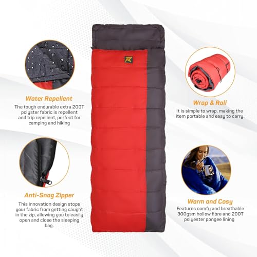 Image of Rocksport Camplite +8C to +20C Rectangular Shape Sleeping Bag for Camping, Hiking, Indoor & Outdoor,Warm Sleep Bag (Red /Grey STR)