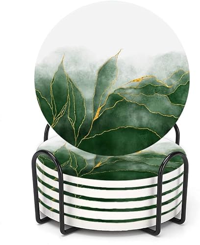 LOKMU Posavasos para bebidas, juego de 6 posavasos redondos de cerámica absorbente con soporte de metal, pintura verde y venas doradas brillantes