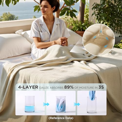 Bedsure 100% Cotton Muslin Blanket King Size for Bed - 4-Layer Breathable and Lightweight Thin Soft Summer Gauze Muslin Blanket for Adults, Linen Beige, 108x90 Inches