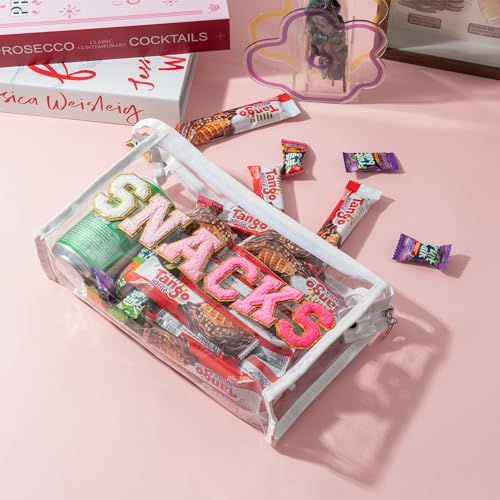 Y1tvei Large Clear SNACKS Pouch - Preppy Patch Rose Red Chenille Varsity Letter PVC Transparent Extra Large Cosmetic Makeup Bag Portable Waterproof Travel Organizer Toiletry Bag for Women(White)2