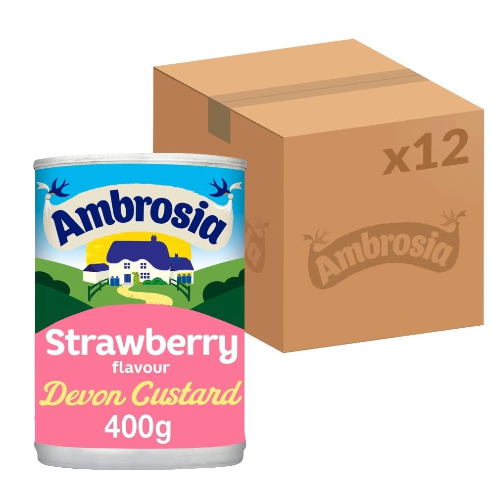 Ambrosia Devon Custard with Strawberry Flavour - Creamy Vegetarian Friendly Ready-to-Eat Dessert, Source of Calcium, 400 g (Pack of 12)