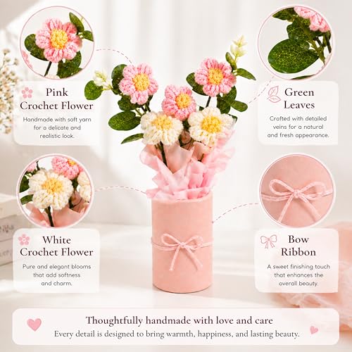Image of Art Street Handmade Crochet Flower Bouquet with Decorative Paper Pot | Artificial Knitted Flowers with Green Leaves & Ribbon for Home Decor, Birthday, Anniversary (Pink & White)