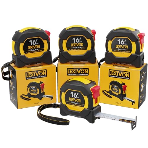 LEXIVON [4-Pack] 16Ft/5m DuaLock Mesure de la bande 1-Inch Lame large avec revêtement en nylon, finition mat blanc & Imprimé de la règle double face jaune Ft/Inch/Fractions/Métrique (LX-207X4)