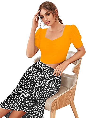 Image of Istyle Can Sweetheart Neck Ruched Front Puff Sleeve /Half Sleeve Streachable Solid /Plain Slim Fit Crop top for Women | Women's Slim FIT Crop TOP | Tops for Women