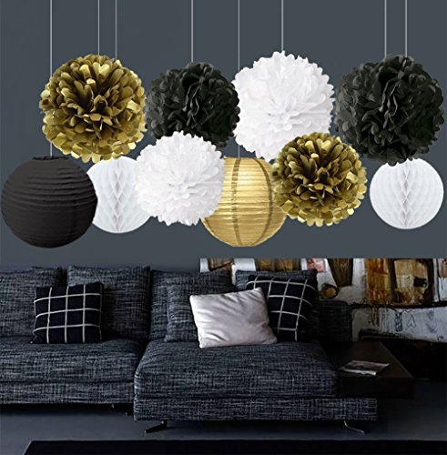 Pompones de papel de seda blanco y negro dorado para decoración de fiestas