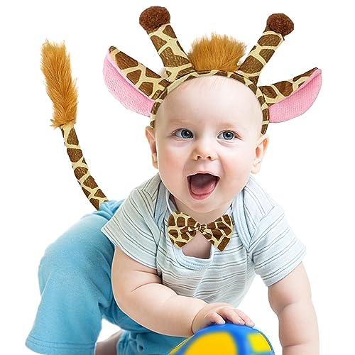 SKHAOVS 3 Stück Giraffe Kostüm Set, Tier-Stirnband Mit Ohr-Schwanz-Fliege, Tier Kostüm, Tierstirnband Für Kinder, Giraffen Kostüm Kinder, für Fasching Karneval Halloween Party