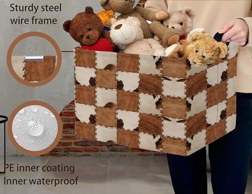 Image of Checkered Kids Toy Basket Collapse Storage Bin with Handles Canvas Cow Fur Print Home Decor(Brown White)