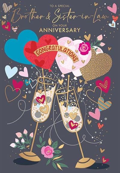 Special Brother and Sister-In-Law Anniversary Card - Champagne Flutes and Love Heart Balloons with Embossed Foil Details - Eco-Friendly - by Words and Wishes