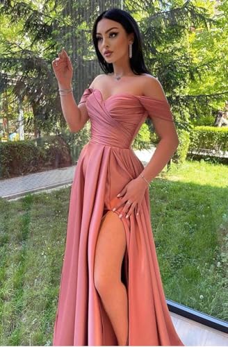 Image of SOLODISH Off The Shoulder Satin Prom Dresses for Women Long Formal Evening Party Dress with Slit