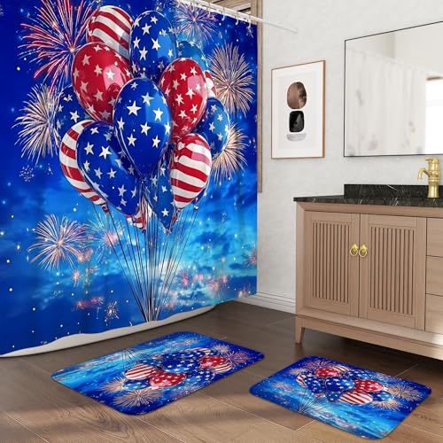 3 cortinas de ducha de fuegos artificiales del 4 de julio de 72 x 72 pulgadas con ganchos, juego de accesorios de baño con dos alfombras de baño antideslizantes lavables (16 x 24 y 20 x 32), globos