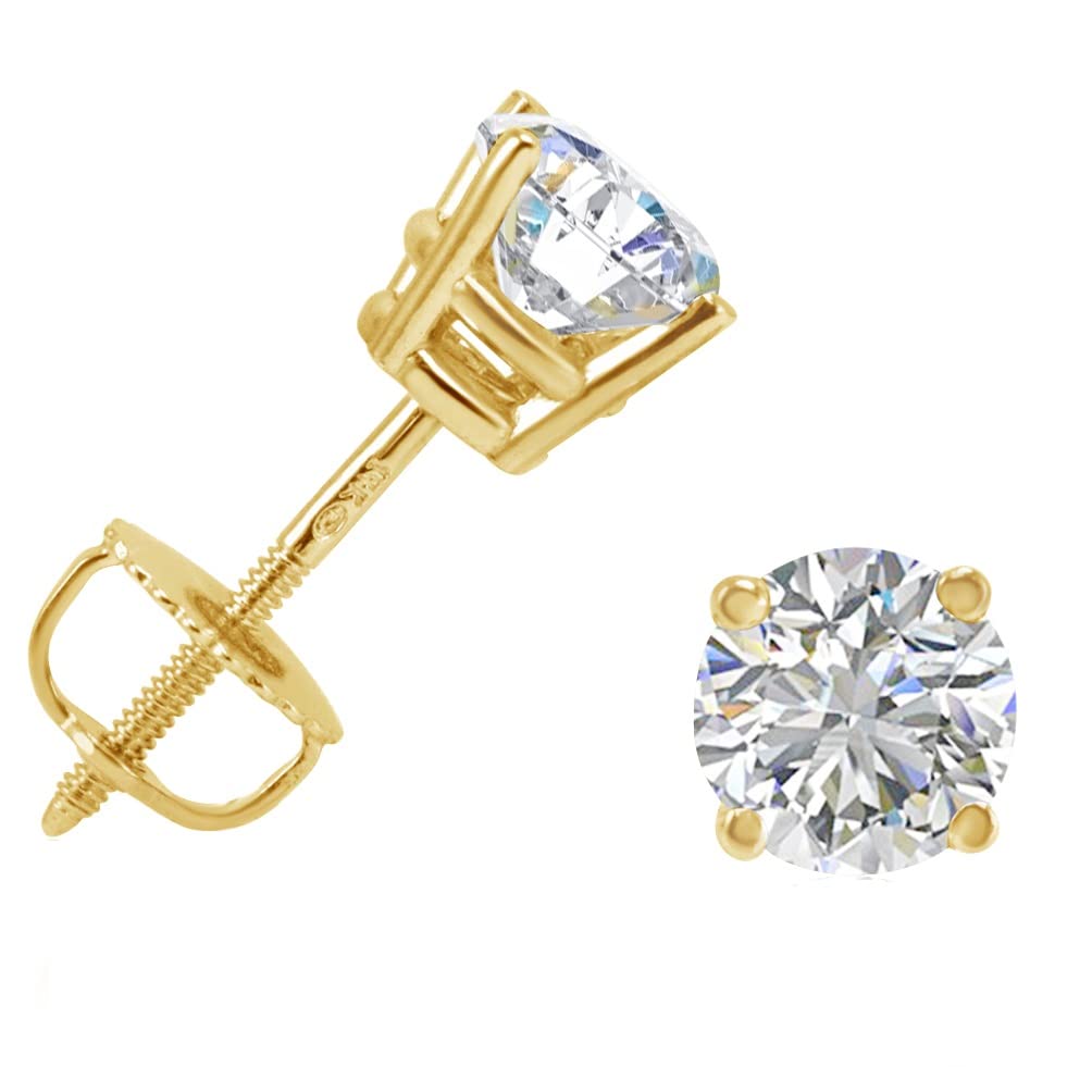 AGS Certified 1ct TW Round REAL Diamond Solitaire Stud Earrings in REAL 14K Yellow Gold or 14K White Gold with Screw Backs