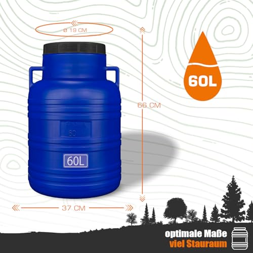 FIXKRAFT Weithalsfass Lebensmittelecht 60L Futtertonne Hund Gärbehälter Blaue Futter Tonne mit Deckel Maischefass Schraubdeckel 60 Liter Camping Kanister Gärfass