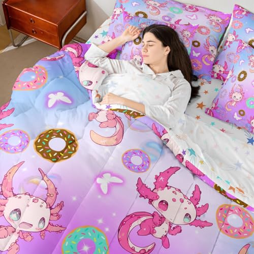 Image of Feelyou Kids Cute Axolotl 7 Pieces Bedding Set Queen Size, Dreamy Princess Bed in A Bag Kawaii Ocean Sealife Comforter Set with Sheets Boys Girls Butterfly Teens Bed Set Bedroom Decor 7Pcs