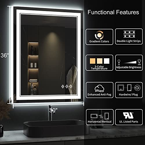 Image of Lighted Mirror, 30x36 Inch Gradient Front and Backlit LED Mirror, 3 Colors Dimmable CRI>90 Double Lights, IP54 Enhanced Anti-Fog, Hanging Plates Wall Mount LED Bathroom Mirror