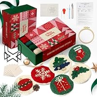 yuegool 6PCS Christmas Punch Needle Coaster Kit,Easy DIY Embroidery Set for Beginners, Kids & Adults with Patterns, Tools, Yarns, Hoop, Instructions & Coaster Holder