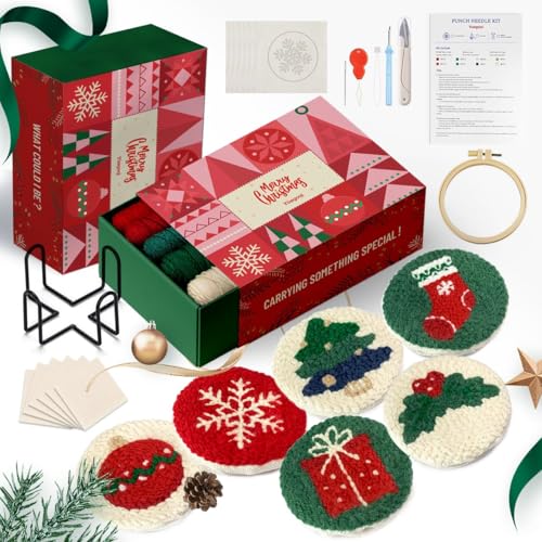 yuegool Kit di 6 sottobicchieri natalizi per punzonatura, facile da ricamare, per principianti, bambini e adulti, con motivi, strumenti, filati, cerchio, istruzioni (lingua italiana non garantita) e