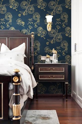 Image of Blue and Gold Rose Wallpaper - Self Adhesive Peel and Stick Floral Wall Stickers, Waterproof PVC Vinyl Decorative Paper for Home, Bedroom, Living Room & Furniture (45cm x 300cm)