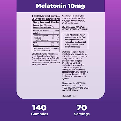Natrol Melatonin Sleep Aid Gummy, Fall Asleep Faster, Stay Asleep Longer, 2 Gummies Per Serving, 100% Drug And Gelatin Free, Non-Gmo, 10Mg, 140 Count #TOP1