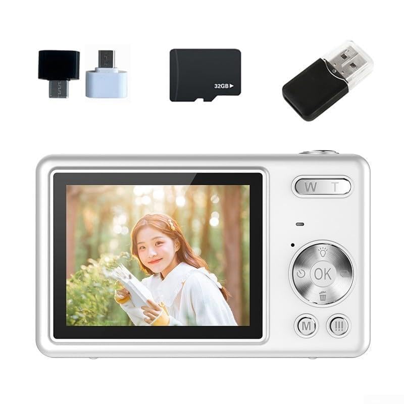 Fotocamera digitale da 96 MP, 1080p, registrazione video Full HD, zoom 16x, display da 2,4 pollici, portatile, per videoregistratore per studenti, colore bianco (bianco 32G)