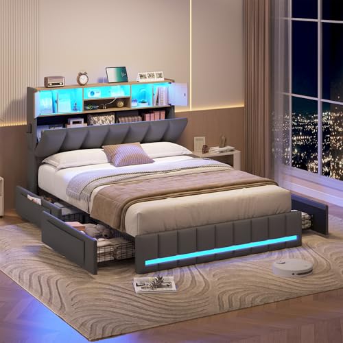 KIMENICH Lit 140 x 190, Lits Double avec LED et Multiprise, Cadre de Lit en Métal avec 4 Tiroirs, Tête de Lits en Bois Capitonnée avec 7 Compartiments, Lits 140 x 190...