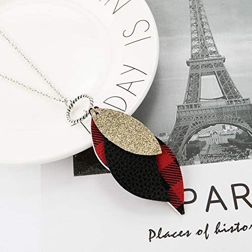 Miniatura 7 de CSIYANJRY99 Juego de 4 piezas de aretes de cuero a cuadros de búfalo, collar y pulsera, juego de joyas de Navidad a cuadros rojos y negros para mujer